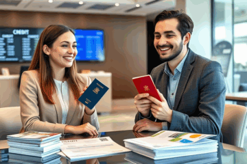 Una persona mostrando su pasaporte mientras solicita un crédito en una entidad financiera.