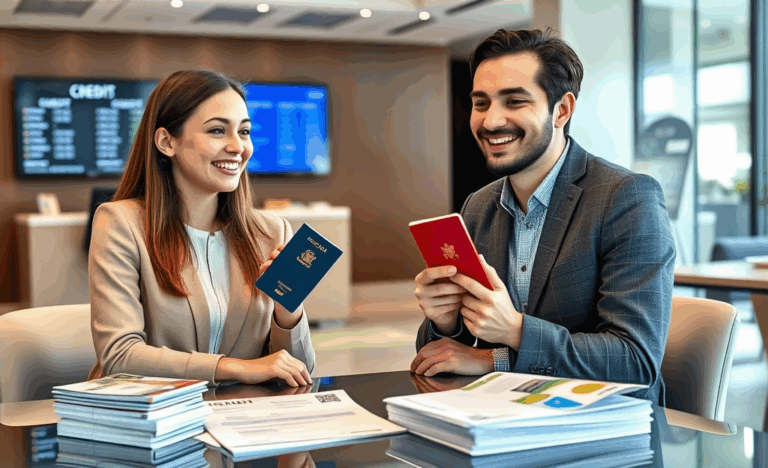 Una persona mostrando su pasaporte mientras solicita un crédito en una entidad financiera.