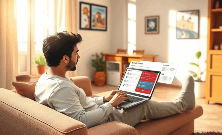 Persona utilizando un ordenador portátil para solicitar un préstamo rápido desde casa
