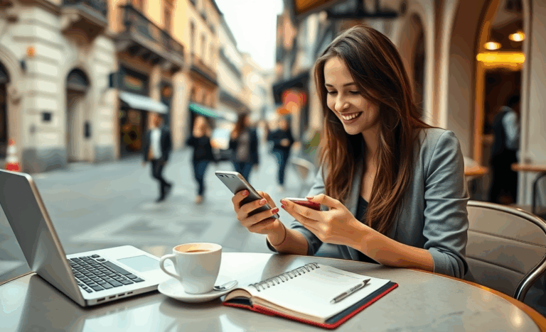 Persona utilizando un teléfono móvil para gestionar contrataciones y ganar dinero
