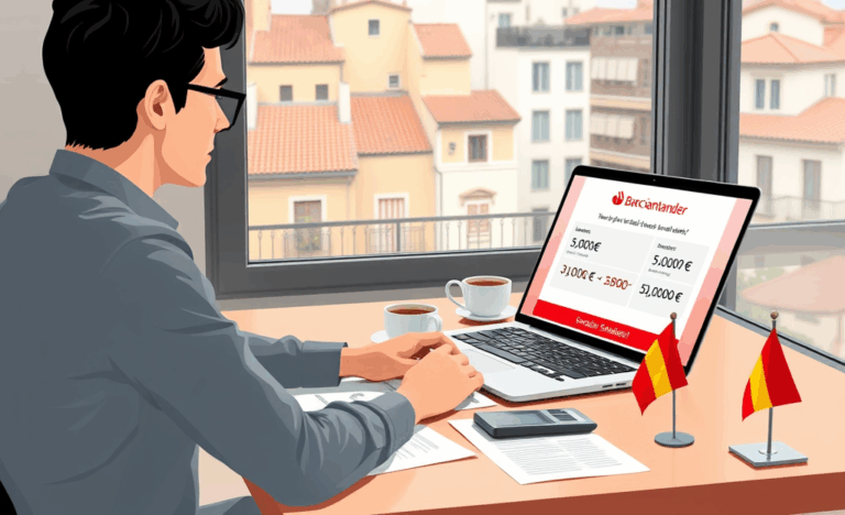 Persona revisando condiciones para solicitar un préstamo en el Banco Santander en línea.