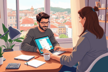 Ilustración de una persona usando un portátil para solicitar un crédito online en Abanca