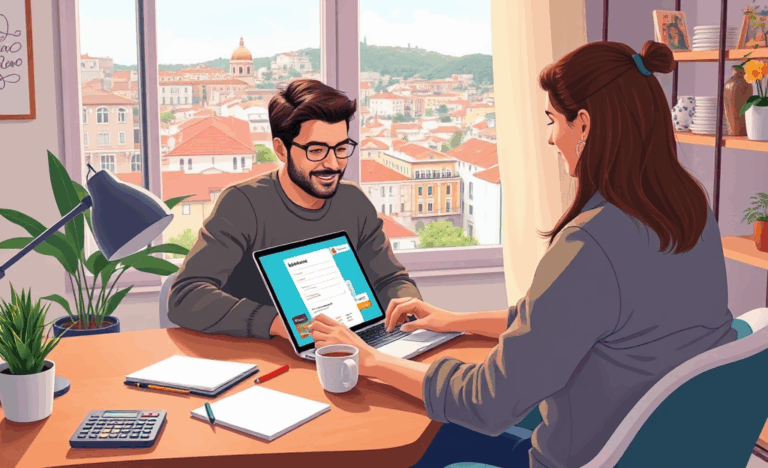 Ilustración de una persona usando un portátil para solicitar un crédito online en Abanca