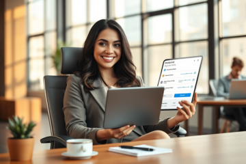 Mujer profesional utilizando una tablet para solicitar crédito digital accesible con condiciones flexibles en oficina moderna y luminosa