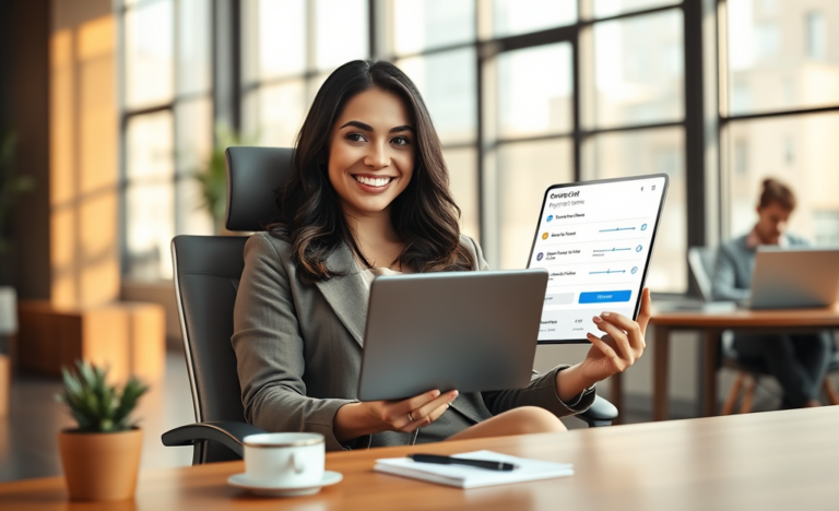 Mujer profesional utilizando una tablet para solicitar crédito digital accesible con condiciones flexibles en oficina moderna y luminosa