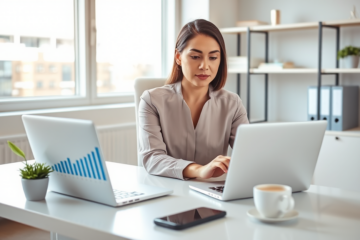 Mujer profesional usando laptop en oficina moderna, contratando préstamo online barato con ambiente luminoso y ordenado digital