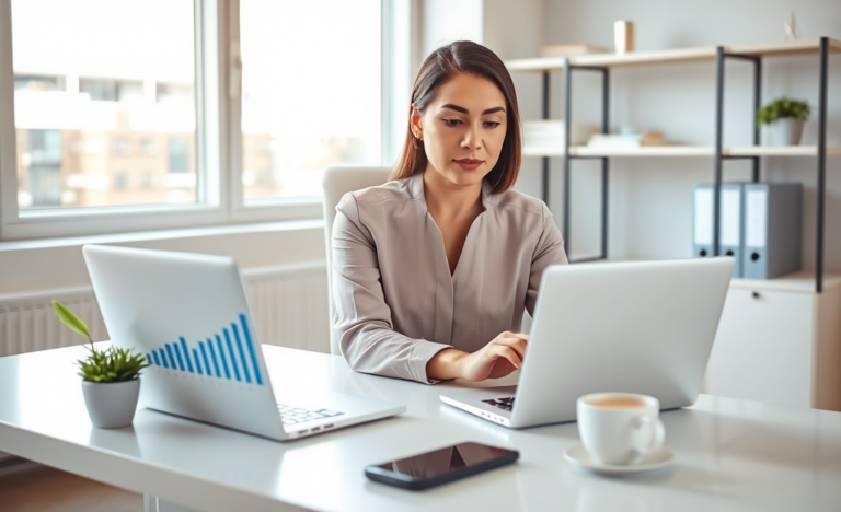 Mujer profesional usando laptop en oficina moderna, contratando préstamo online barato con ambiente luminoso y ordenado digital